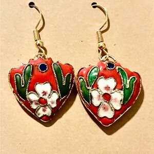 Vintage Cloisonné Floral Heart Earrings - Red and Gold Color - Unsure of Metals